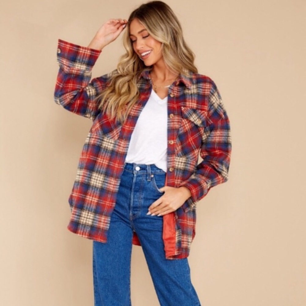 Red Dress Boutique Plaid Shacket Shirt Jacket Combination Red Navy Tan New NWT